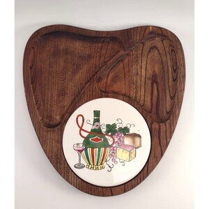 Vintage Napco Teak Cheese Board Ceramic Wine & Cheese Design Serving Tray MCM